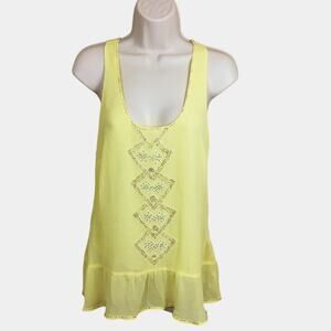 XXI Boutique   Light Yellow Gauze Beaded Tank Top Feminine Ruffled Hem